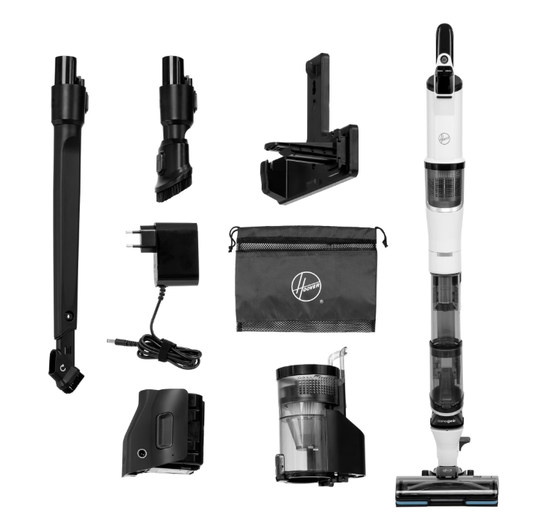 Aspirator Hoover HFX20H, alb, acumulator 21.6V, timp de functionare 30-60 min, set cu 2 acumulatori si torba pentru accesorii