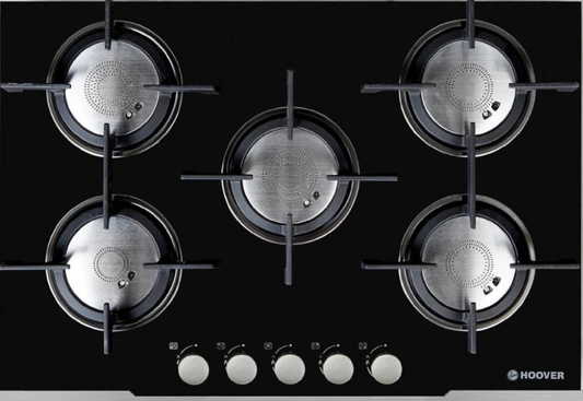 Plita incorporabila pe gaz HOOVER 75 cm, 5 Zone de gatit, Sticla neagra, cod HGV75SXV B