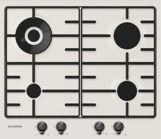 Plita incorporabila pe gaz HOOVER 60 cm, 4 Arzatoare, Aprindere electrica, Suporturi emailate, Alba, cod HHW6BR4TWA
