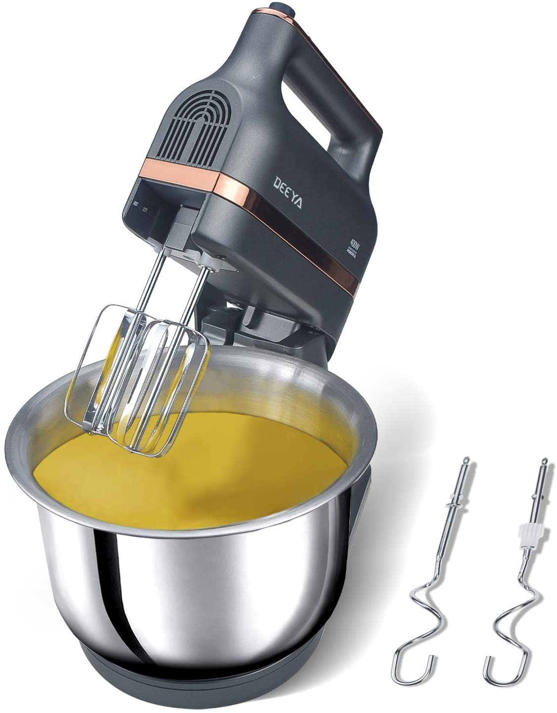 Robot de bucatarie Deeya cu bol de amestecare - Mixer electric de 400 W cu 5 viteze, protectie impotriva stropilor si bol din otel inoxidabil