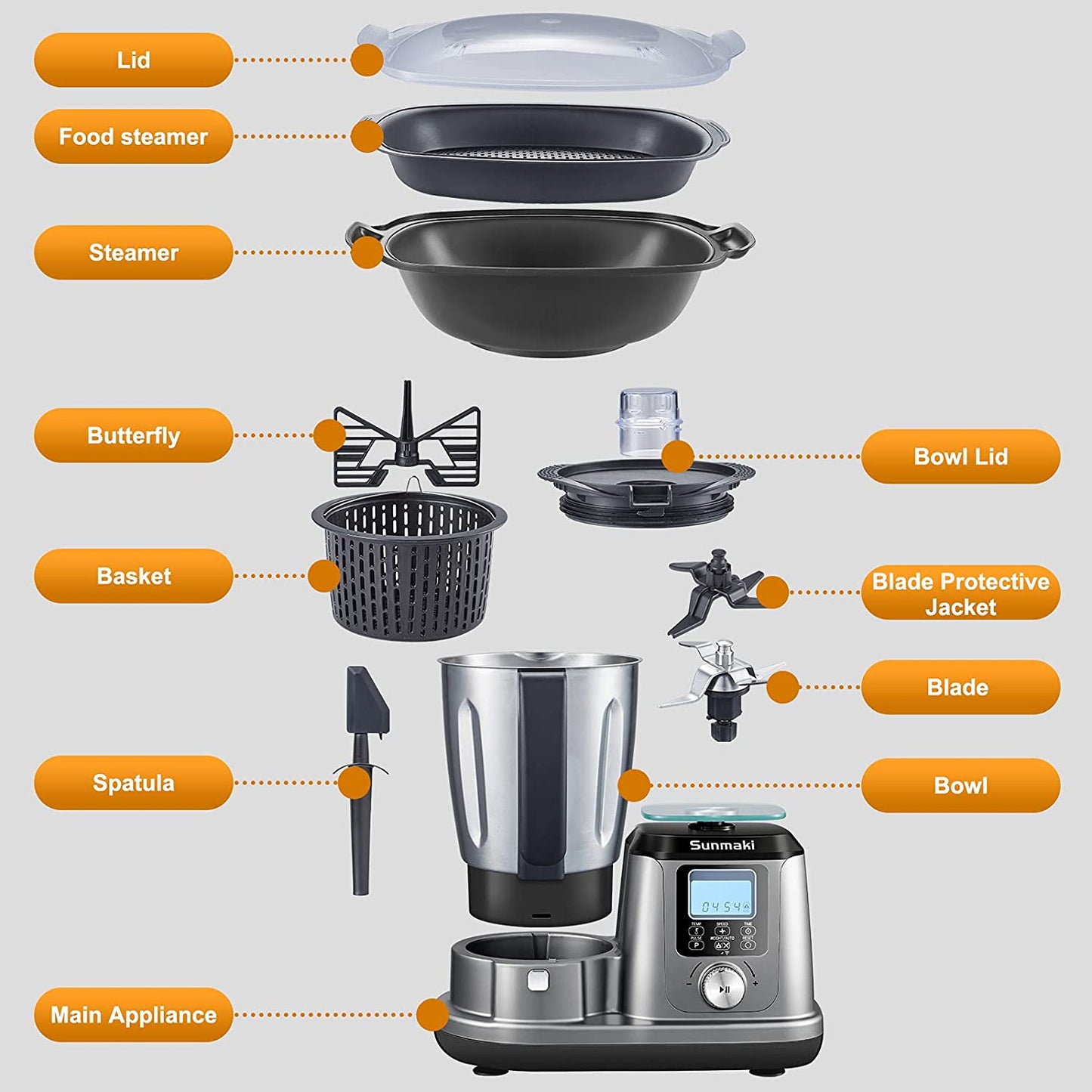 Robot de bucatarie Sunmaki cu functie de gatit, maxim 1200 W, 5 programe, multifunctional, cantar de bucatarie integrat, cuptor cu aburi