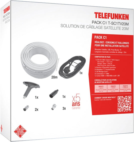 Pachet de cablare HD prin satelit pentru TV, cablu 17VTAC, lungime 20m și conector „F” C1 TELEFUNKEN T-SC1TV20M