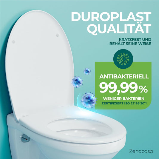 Capac de toaletă Zenacasa® Premium cu mecanism de închidere silențioasă, antibacterian, oval, alb, din duroplast
