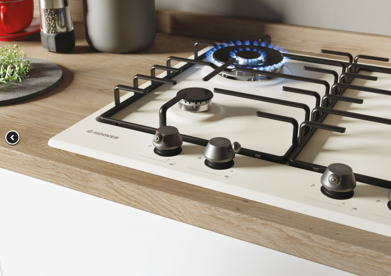 Plita incorporabila pe gaz HOOVER 60 cm, 4 Arzatoare, Aprindere electrica, Suporturi emailate, Alba, cod HHW6BR4TWA