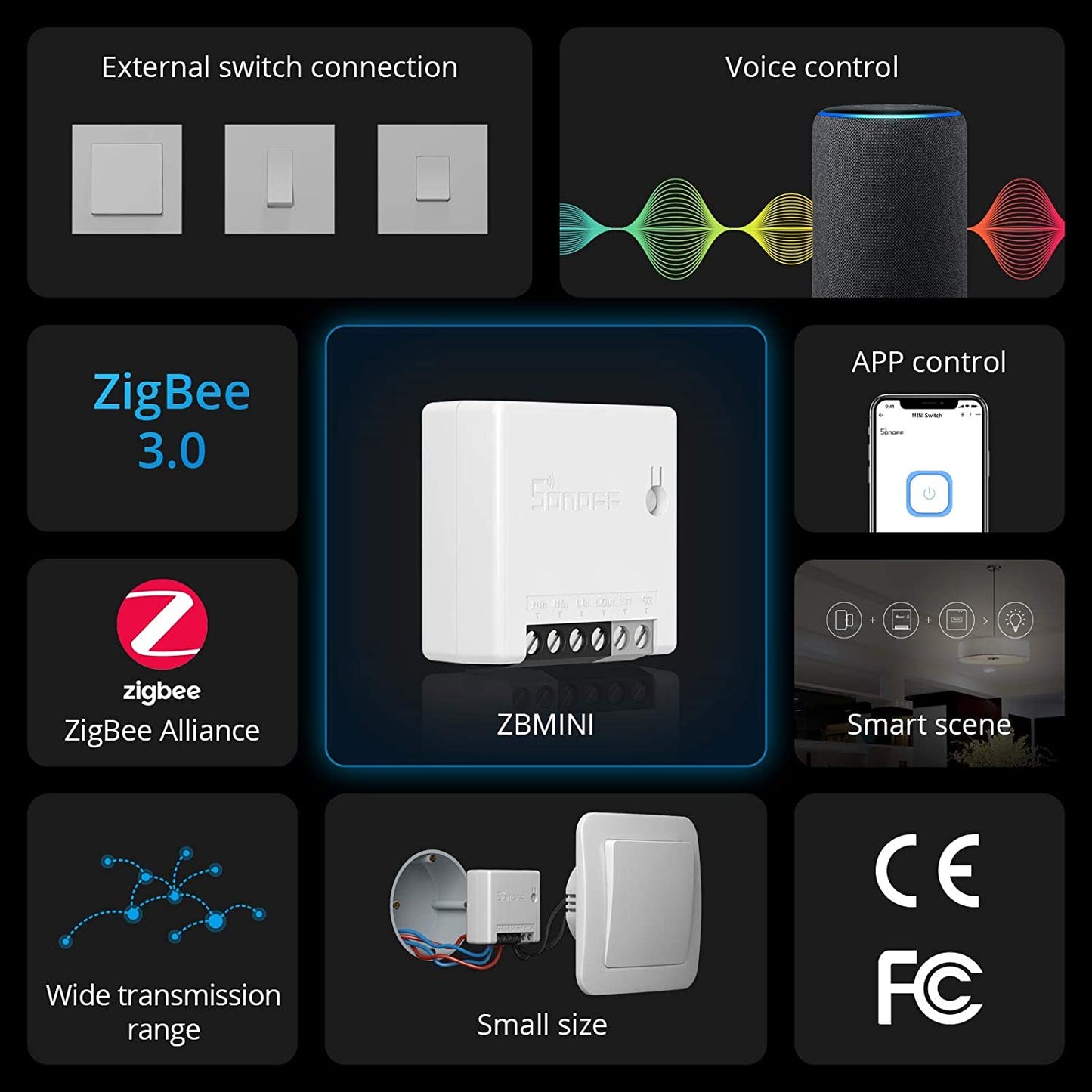 SONOFF Zigbee Mini 4 buc întrerupător inteligent DIY, control aplicație, protocol ZigBee3.0, Sonoff ZBBridge/Amazon Hub/Samsung SmartThings Hub/Philips Hue Hub necesar, control vocal prin Alexa/Google Home